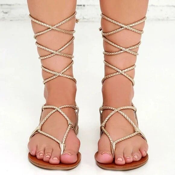 Steve Madden Werkit Gold Leather Leg Wrap Gladiator Sandals - Picture 5 of 16